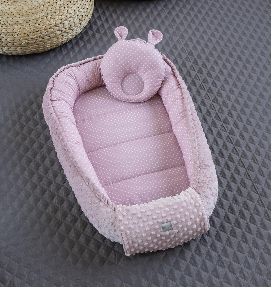 Mini PUNKTE Rosa/MINKY Altrosa Baumwolle Polar Fleece Babynest Neugeborene Baby Unterlage Reisebett Nestchen SOLO/o. Ausstattung SET für Mädchen (Nestchen + Bärchen) Bild 1