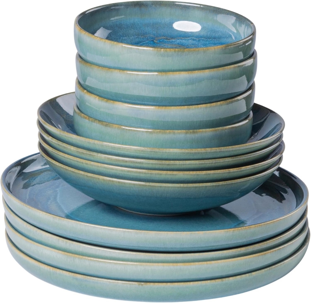 Gipfelstück Tafelservice Geschirr-Set, Service Tiefer See (12-tlg), 4 Personen, Steinzeug, Scandi-Style, jedes Stück ein Unikat, 12 Teile, für 4 Personen Bild 1