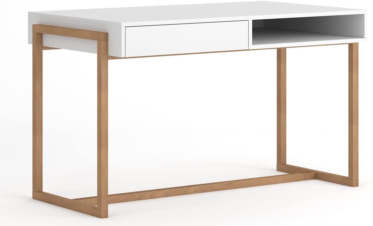 Domando Schreibtisch Anzio Skandinavisch für Wohnzimmer Breite 126cm, Push-to-open-System, Gestell aus Buche, Weiß Matt Bild 1