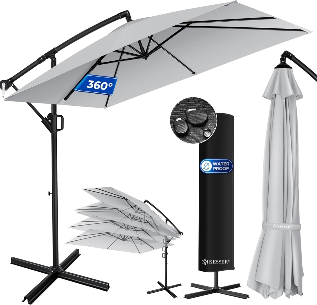 KESSER® 'Holly' Ampelschirm ohne LED Solar, inkl. Ständer, Abdeckung & Windsicherung mit Kurbel, Aluminium hellgrau, Ø 350 cm Bild 1