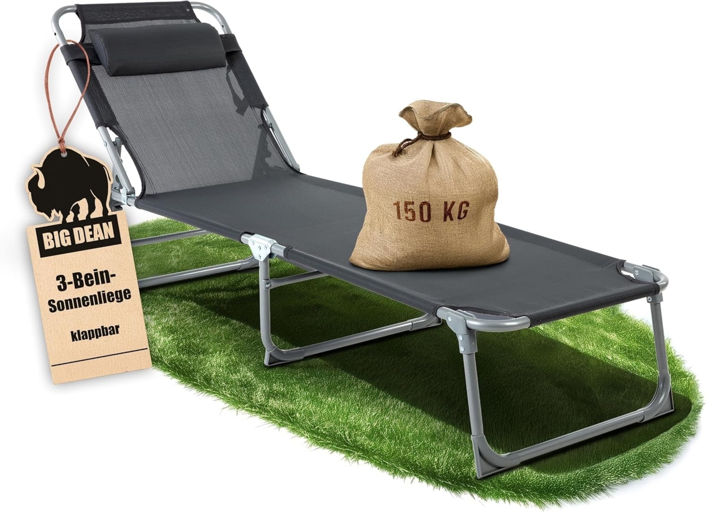 BigDean Sonnenliege klappbar mit Kopfkissen extra hoch dunkelgrau 150 kg belastbar - hochwertige Gartenliege für Balkon, Garten & Strand Bild 1