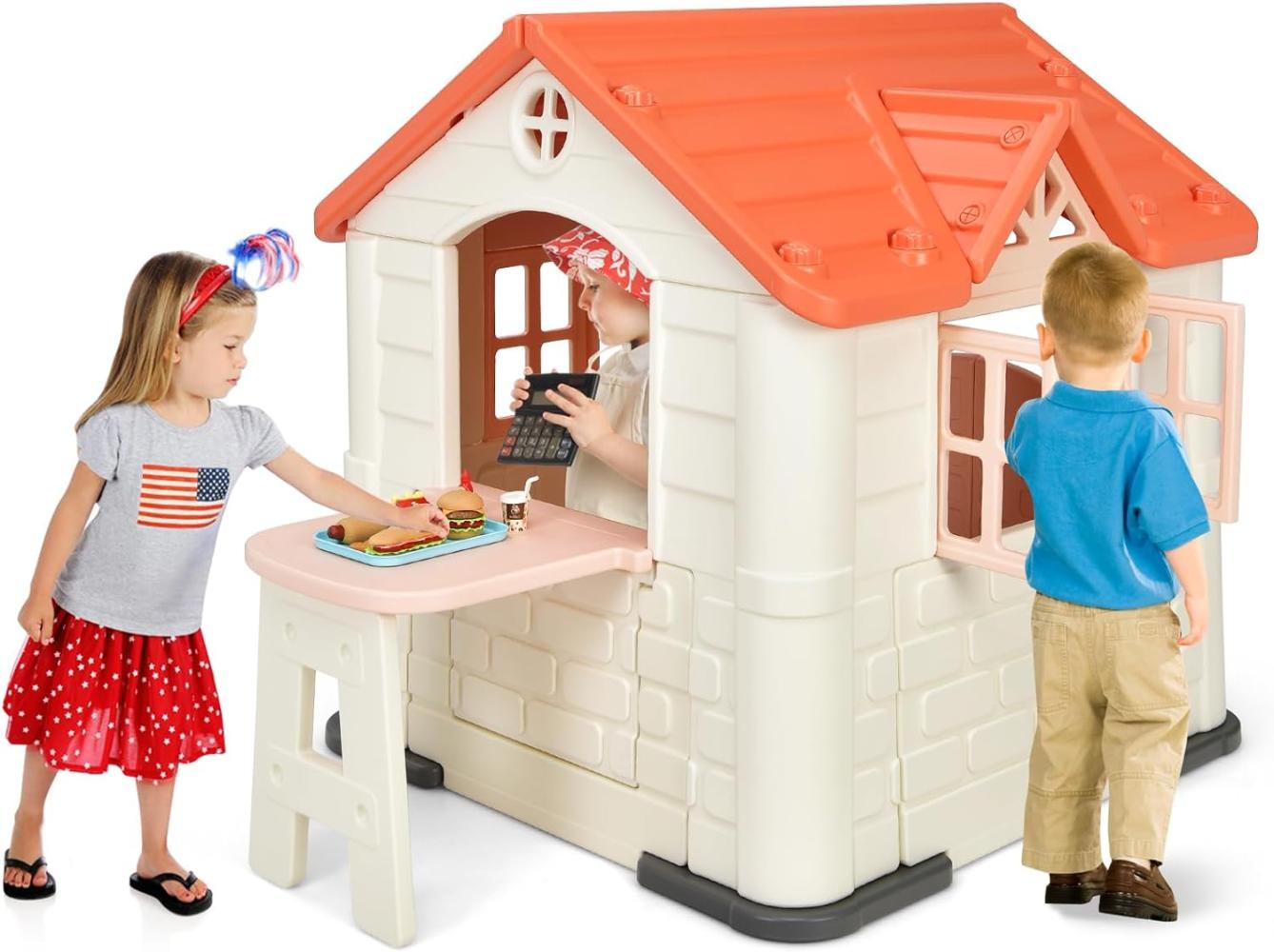 COSTWAY 164 x 124 x 132 cm Kinder Spielhaus mit Pickniktisch, Türen und Fenstern, Kinderhäuschen Outdoor inkl. Spielzeugset und Regenschutzhülle, ideal für Jungen und Mädchen (Rosa) Bild 1