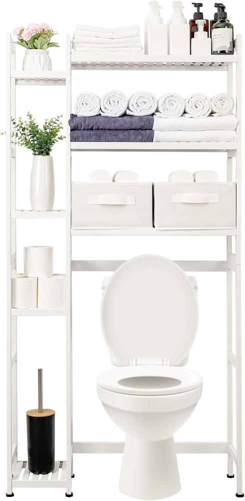 Yorbay Badregal Toilettenregal aus Bambus, Weiß WC Regal Badregal 79x23,3x166 cm, mit 2 Körben, mi 7 Ablagen, Multifunktional, Badezimmerregal, Verstellbar Badregal Bild 1