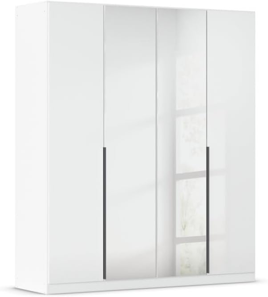 Rauch Möbel Alabama, Kleiderschrank, Garderobenschrank, 4-türig, Spiegel, Zubehör Basic, 2 Kleiderstangen, 4 Einlegeböden, Farbe Hochglanz Weiß/Weiß, Griff Grau metallic, 181 x 229 x 54 cm Bild 1