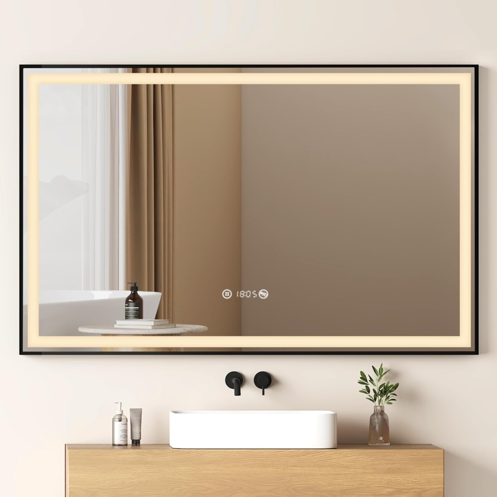 EMKE Badspiegel mit Beleuchtung, Schwarzer Rand LED, mit Touch, Antibeschlage, Uhr, Temperatur, Dimmbar, Memory-Funktion, Neutrale Beleuchtung, IP44, 120x70 cm Bild 1