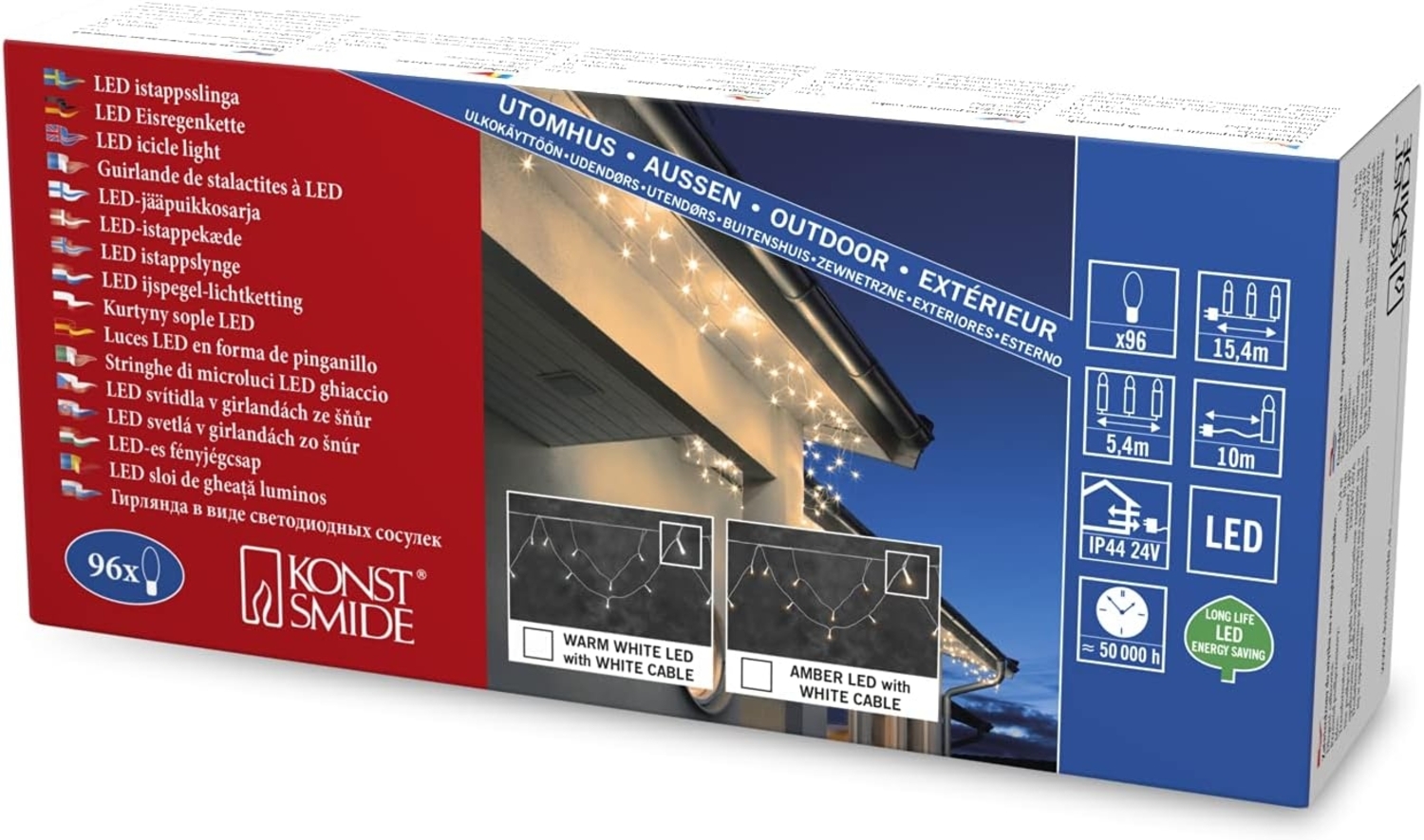 Konstsmide LED Dachrinnenlichterkette, Bogenform, 96 bernsteinfarbene Dioden, 24V Außentrafo, weißes Kabel - 2748-802 Bild 1