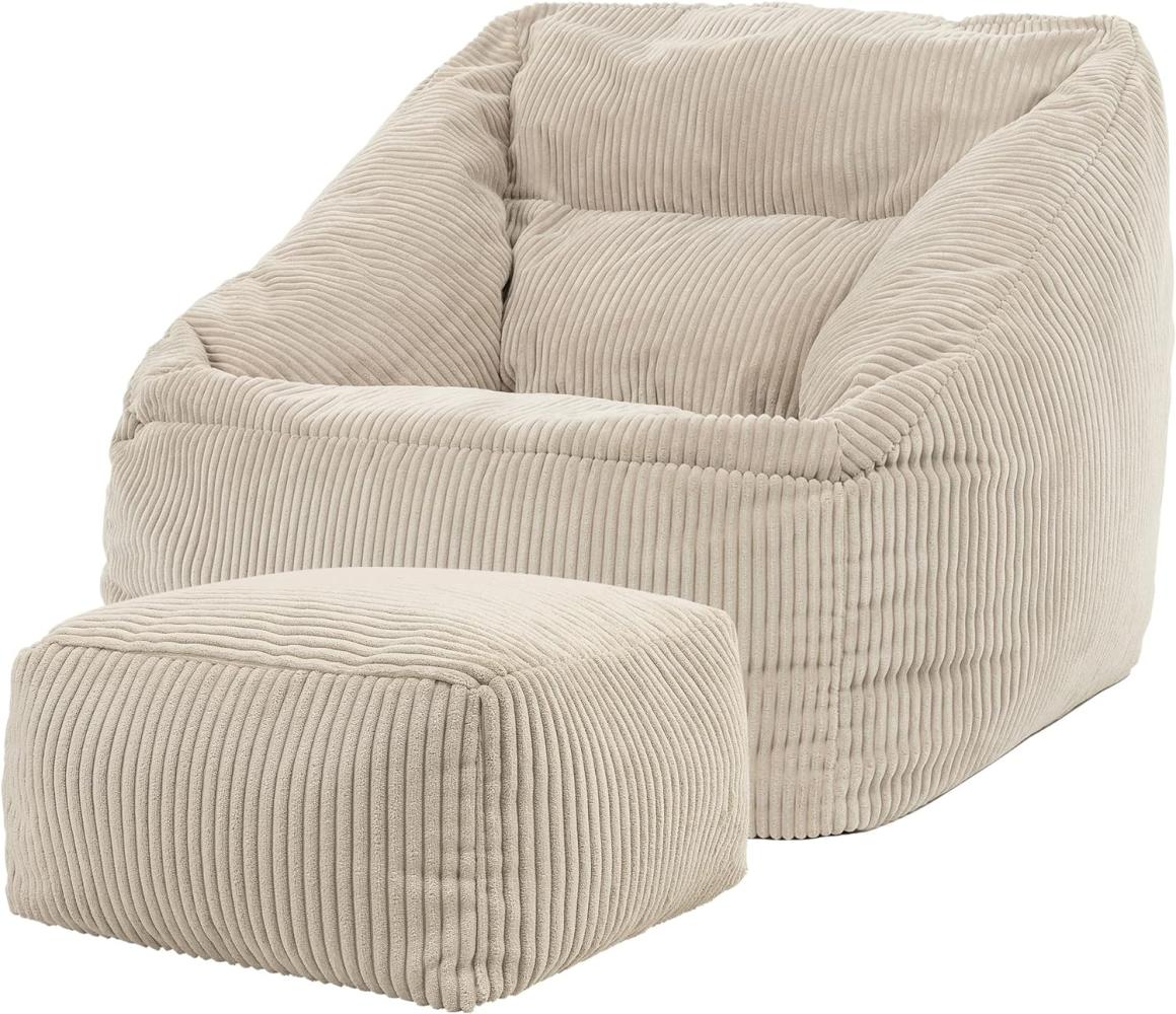 Icon Riesen Sitzsack Sessel „Morgan“ mit Hocker, Beige, Cord XXL Sitzsack Erwachsene mit Füllung für das Wohnzimmer, Riesensitzsack XXL Flauschig Cord Bild 1