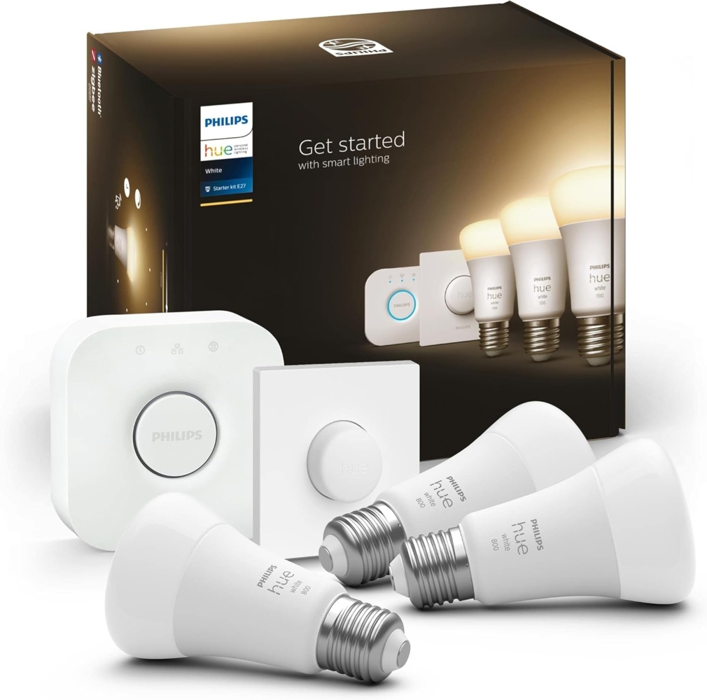 Philips Hue White E27 3er Starter Set inkl. Smart Button und Bridge, 3x1055lm, warmweißes Licht, dimmbar, steuerbar via App, kompatibel mit Amazon Alexa (Echo, Echo Dot) Bild 1