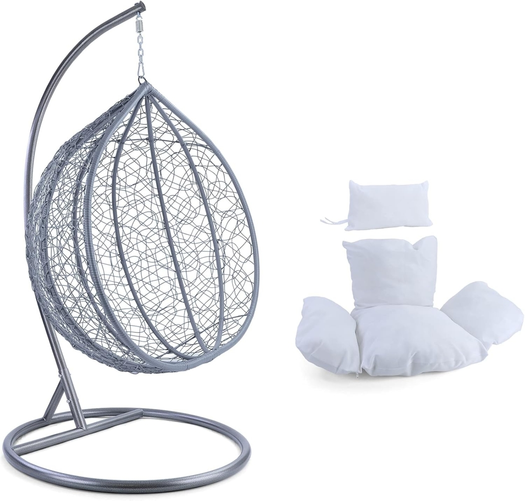Luxus Hängesessel Miami XXL Polyrattan Korb hellgrau Gestell silber Kissen weiß Bild 1