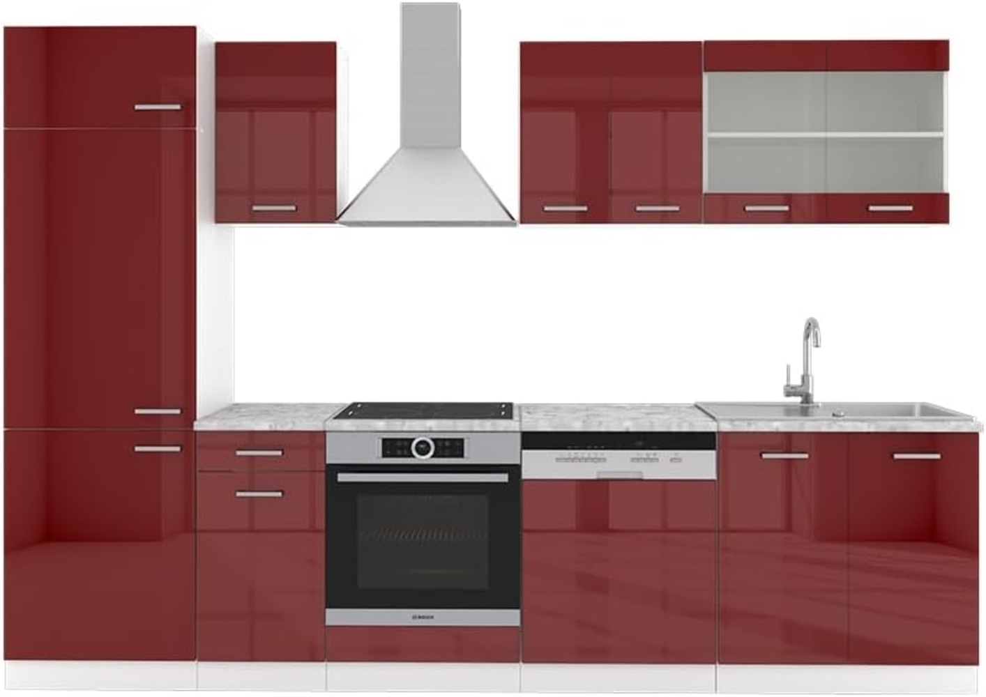 Vicco Küchenzeile R-Line, Bordeaux Hochglanz/Weiß, 300 cm, AP Marmor Bild 1