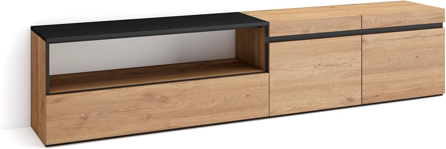 Skraut Home | TV-Schrank, Lowboard | für Wohnzimmer und Esszimmer | 200 x 45 x 35 cm | Für TV-Geräte bis zu 80" | Fernsehtisch | Moderner Stil | Eiche Schwarz Bild 1