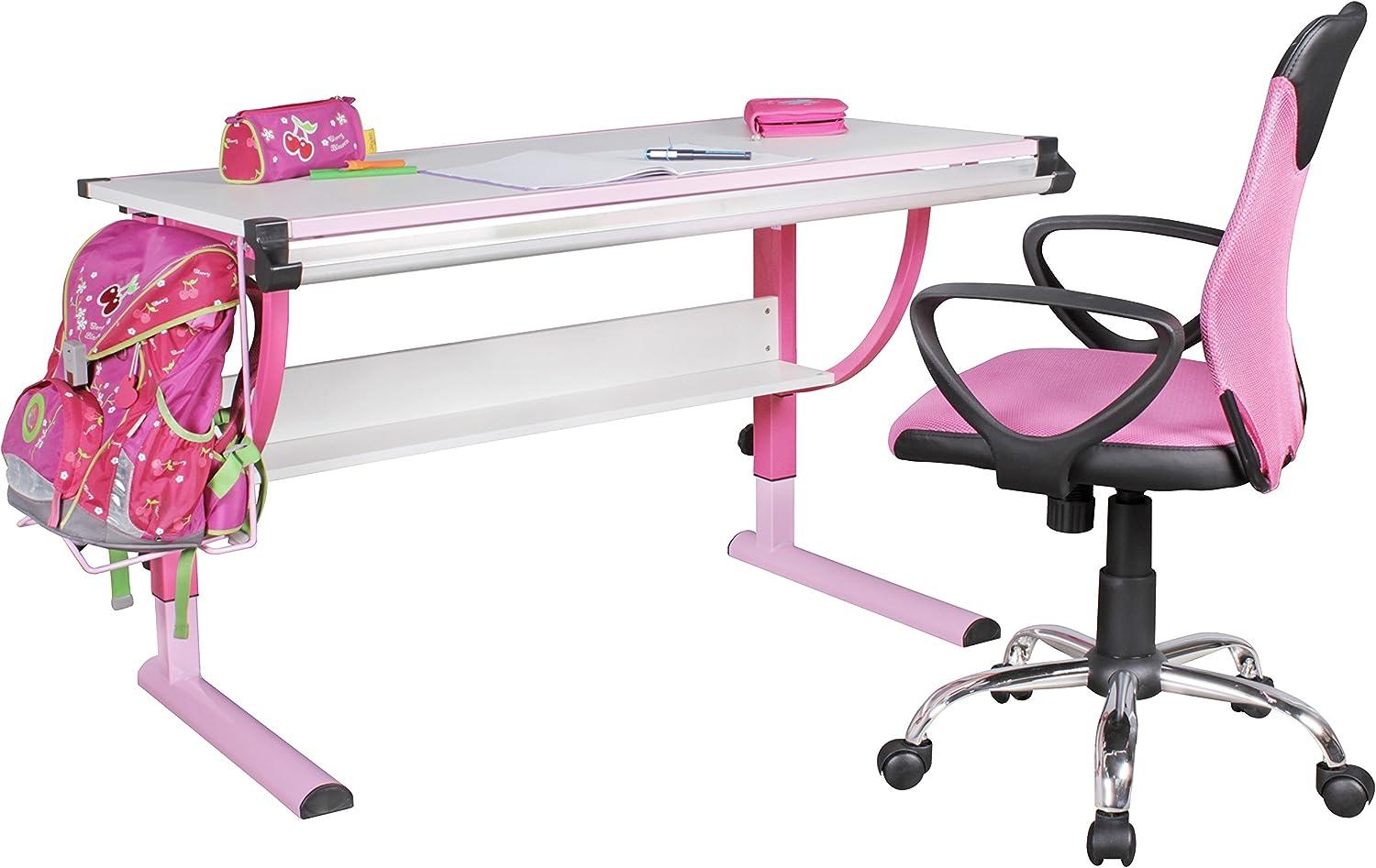 FineBuy Design Kinderschreibtisch Holz 120x60 cm weiß | Schülerschreibtisch neigungsverstellbar | Schreibtisch Kinder höhenverstellbar Rosa Bild 1