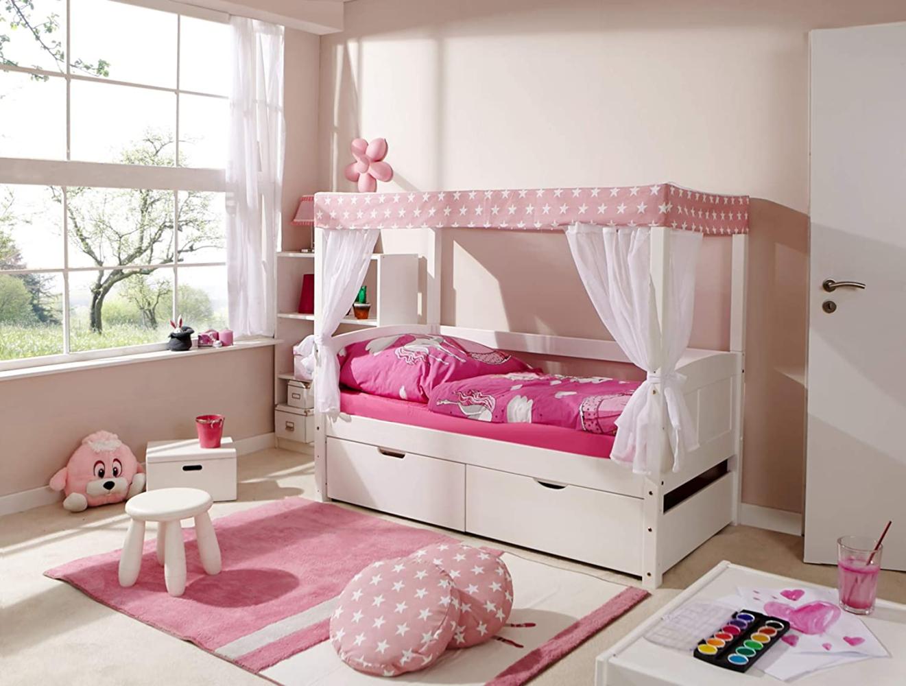 Ticaa 'Mini' Himmelbett weiß, Stern rosa, inkl. Bettkasten 'Melanie' 80x160 Bild 1