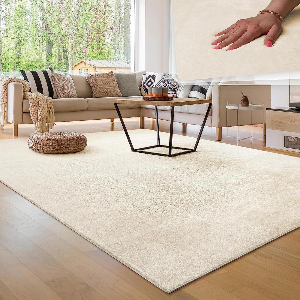 Paco Home Waschbarer Teppich Wohnzimmer Schlafzimmer Kurzflor rutschfest Flauschig Weich Moderne Einfarbige Muster, Grösse:140x200 cm, Farbe:Creme Bild 1