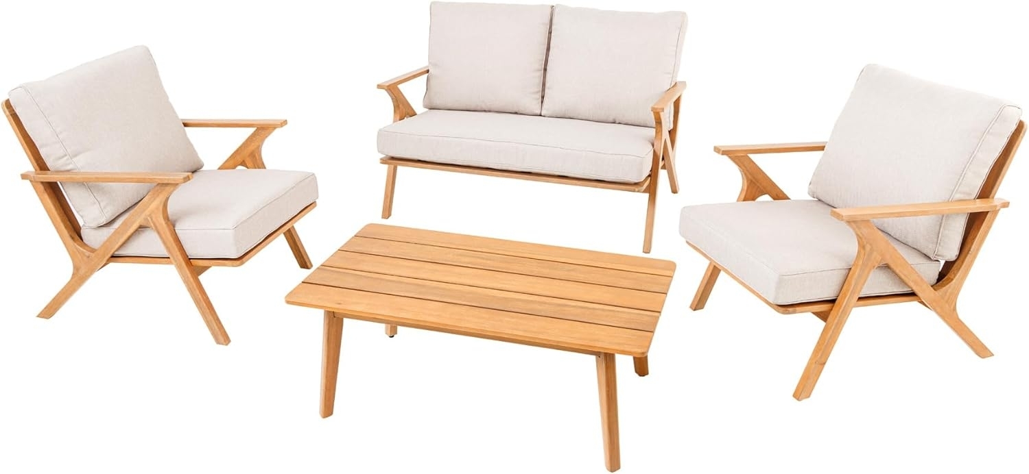 riess-ambiente Loungeset COMFORT LINE natur beige · 4-teiliges Gartenmöbel-Set inkl. Tisch, (Set, 4-tlg), Akazien-Massivholz · 1x Sofa 2x Sessel 1x Tisch · Balkonset · Terrasse Bild 1