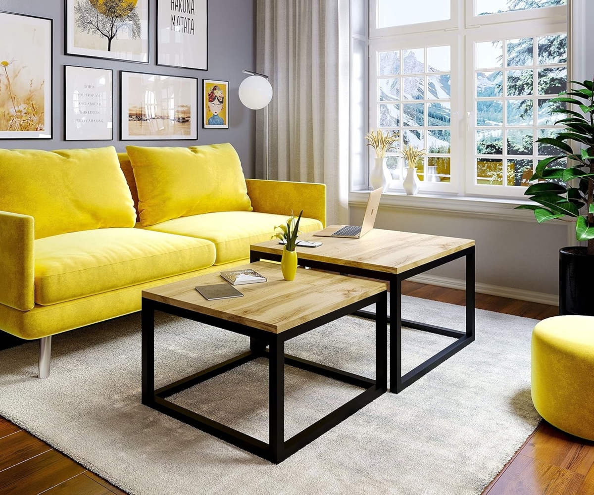 lukmebel Couchtisch Yoshi Fuerte, Zweier-Set, MDF, 70x70 cm, 60x60 cm, Schwarz, Wotan Eiche, Hochglanz, Modern, Komfortabel, Ergonomisch Bild 1