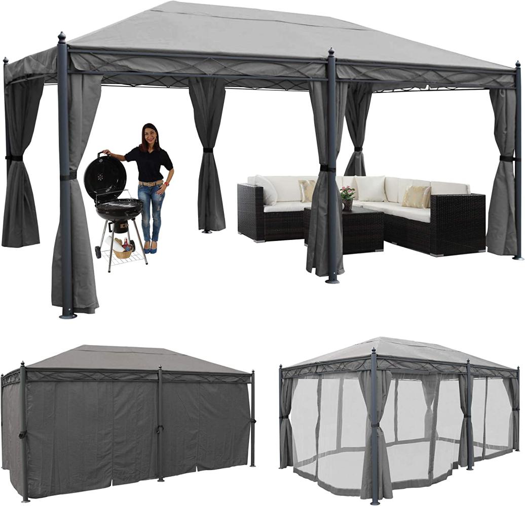 Pergola Cadiz, Pavillon, stabiles 7cm-Gestell 5x3m ~ grau mit Seitenwand + Moskitonetz Bild 1