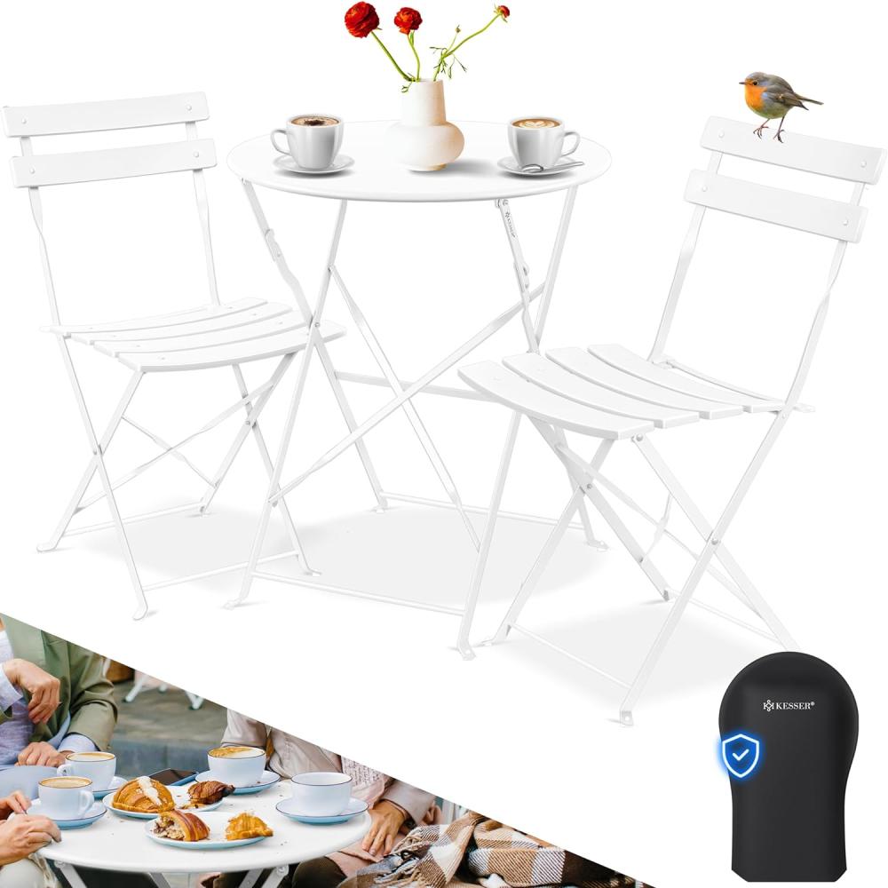 KESSER® Bistroset 3-teilig Bistrotisch mit 2 klappbaren Stühle Set Balkonset Balkonmöbel Klapp-Möbel Gartenset Sitzgarnitur Gartengarnitur Gartenmöbel Sitzgruppe Metall Bistro Gartentisch inkl. Abdeckung Weiß Bild 1