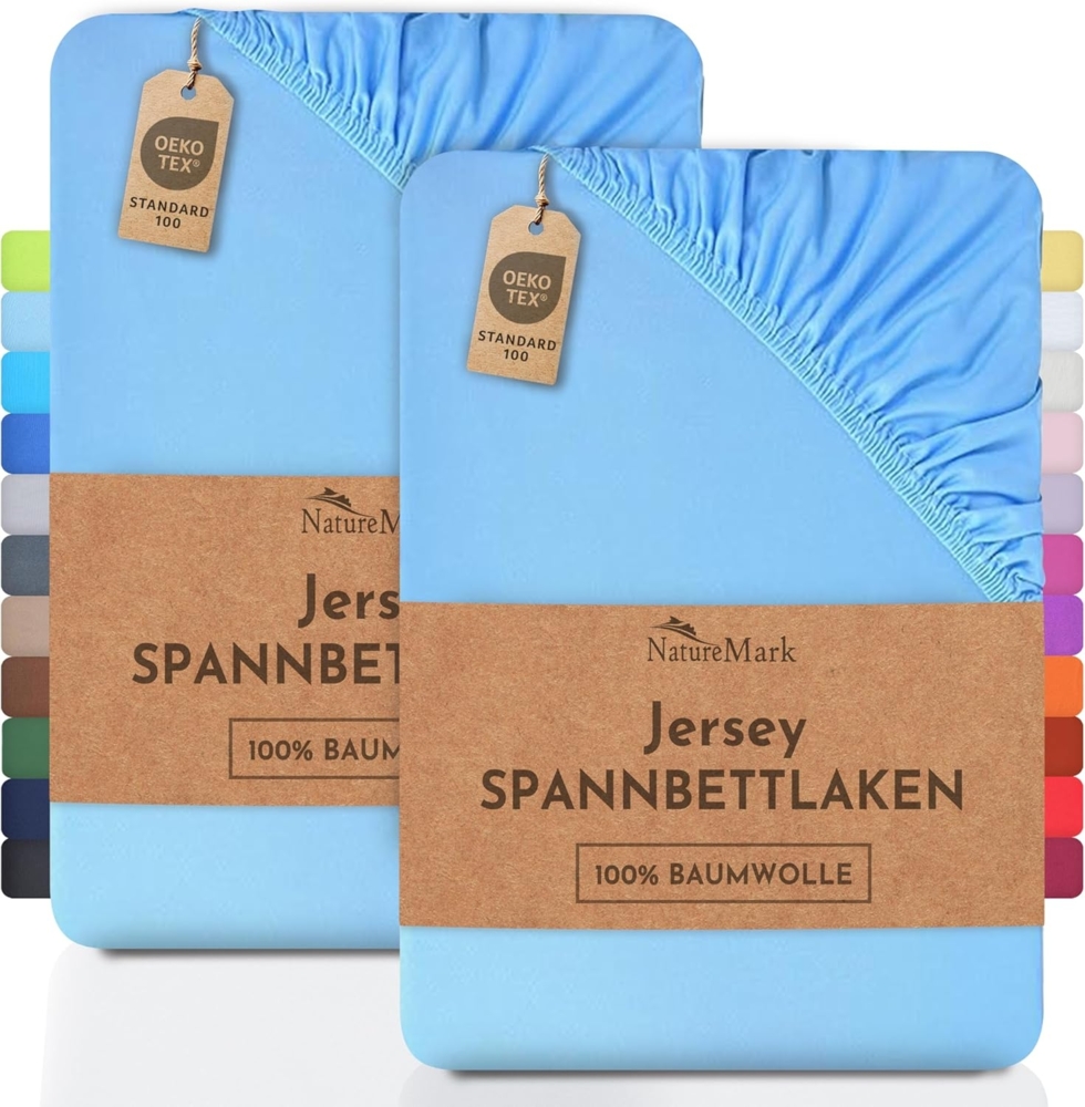 NatureMark 2er Pack Kinder JERSEY Spannbettlaken, Spannbetttuch 100% Baumwolle in vielen Größen und Farben MARKENQUALITÄT ÖKOTEX STANDARD 100 | 70x140 cm - hell blau Bild 1