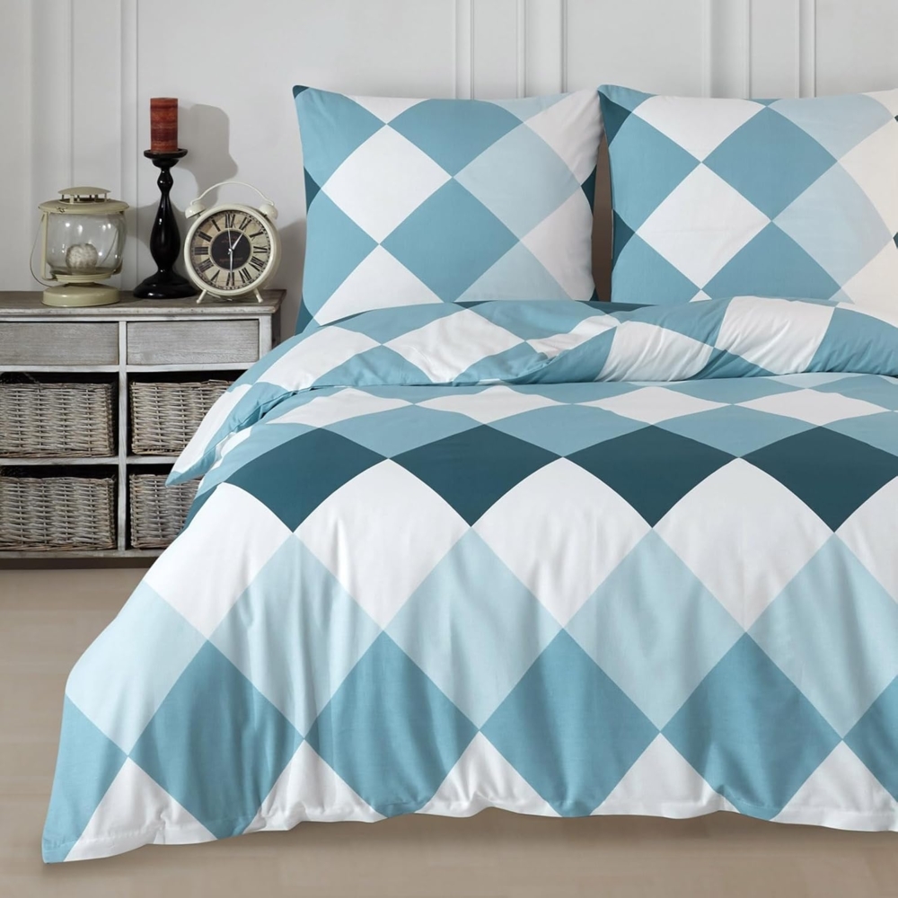 Buymax Bettwäsche Anaga, Bettgarnitur, Bettbezug Set, Renforce: 100% Baumwolle, 3 teilig, mit Reißverschluss, modern gemustert, Karo, Blau, Petrol, 200x220 cm Bild 1