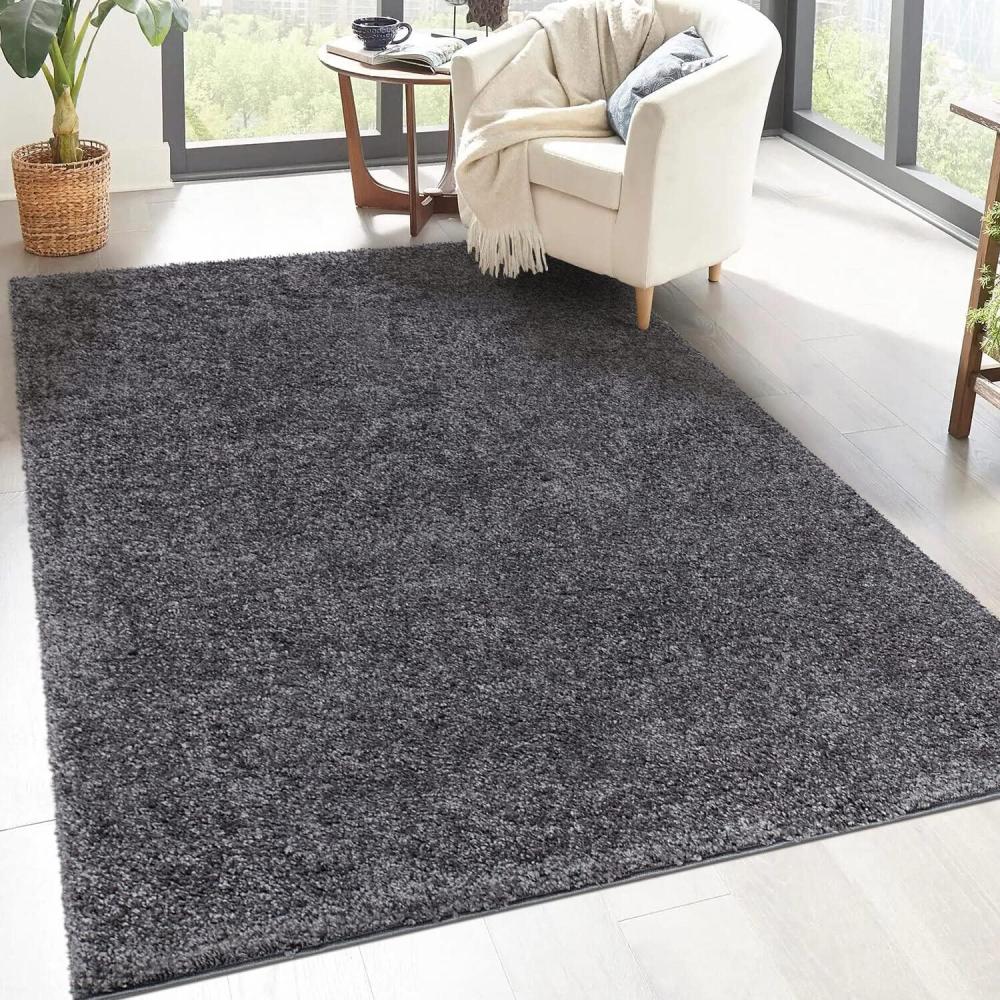 carpet city Shaggy Hochflor Teppich - 133x190 cm - Anthrazit - Langflor Wohnzimmerteppich - Einfarbig Uni Modern - Flauschig-Weiche Teppiche Schlafzimmer Deko Bild 1