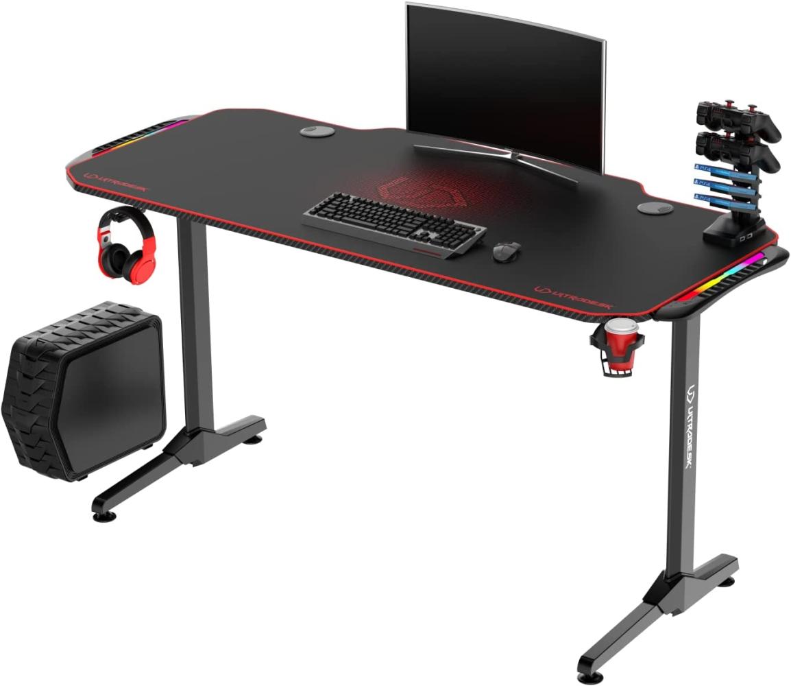 ULTRADESK Frag RGB LED | Gaming-Schreibtisch mit großer Arbeitsfläche & XXL-Pad, 2 Kabeldurchlässe | Gut für Home Office, Fach für Steckdosenleisten | Stahlrahmen, Rotes Pad, 140x66 cm Bild 1