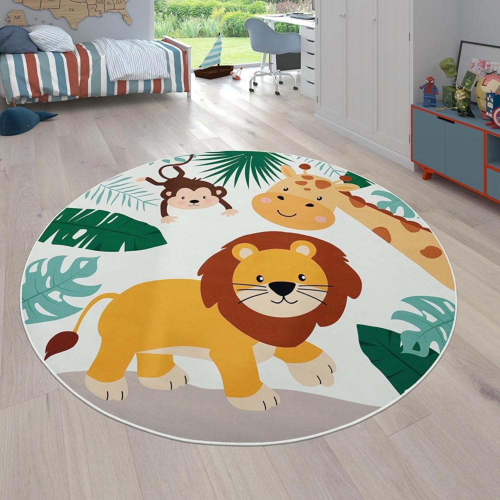 Paco Home Kinderteppich Teppich Kinderzimmer Spielteppich Junge Mädchen Modern rutschfest, Grösse:160 cm Rund, Farbe:Beige 3 Bild 1