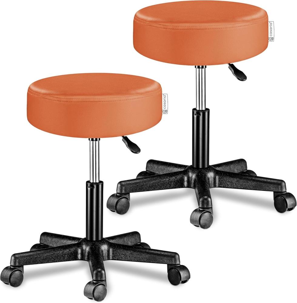 Casaria Rollhocker 2er Set Höhenverstellbar mit Rollen 46-60cm Sitzhöhe 10cm Polsterung 360° Drehbar Arbeitshocker Drehhocker Bürohocker Hocker Orange Bild 1