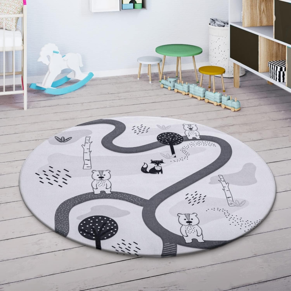 Paco Home Kinderteppich Teppich Kinderzimmer Spielmatte Straßenteppich Spielteppich, Grösse:150 cm Rund, Farbe:Weiß Bild 1