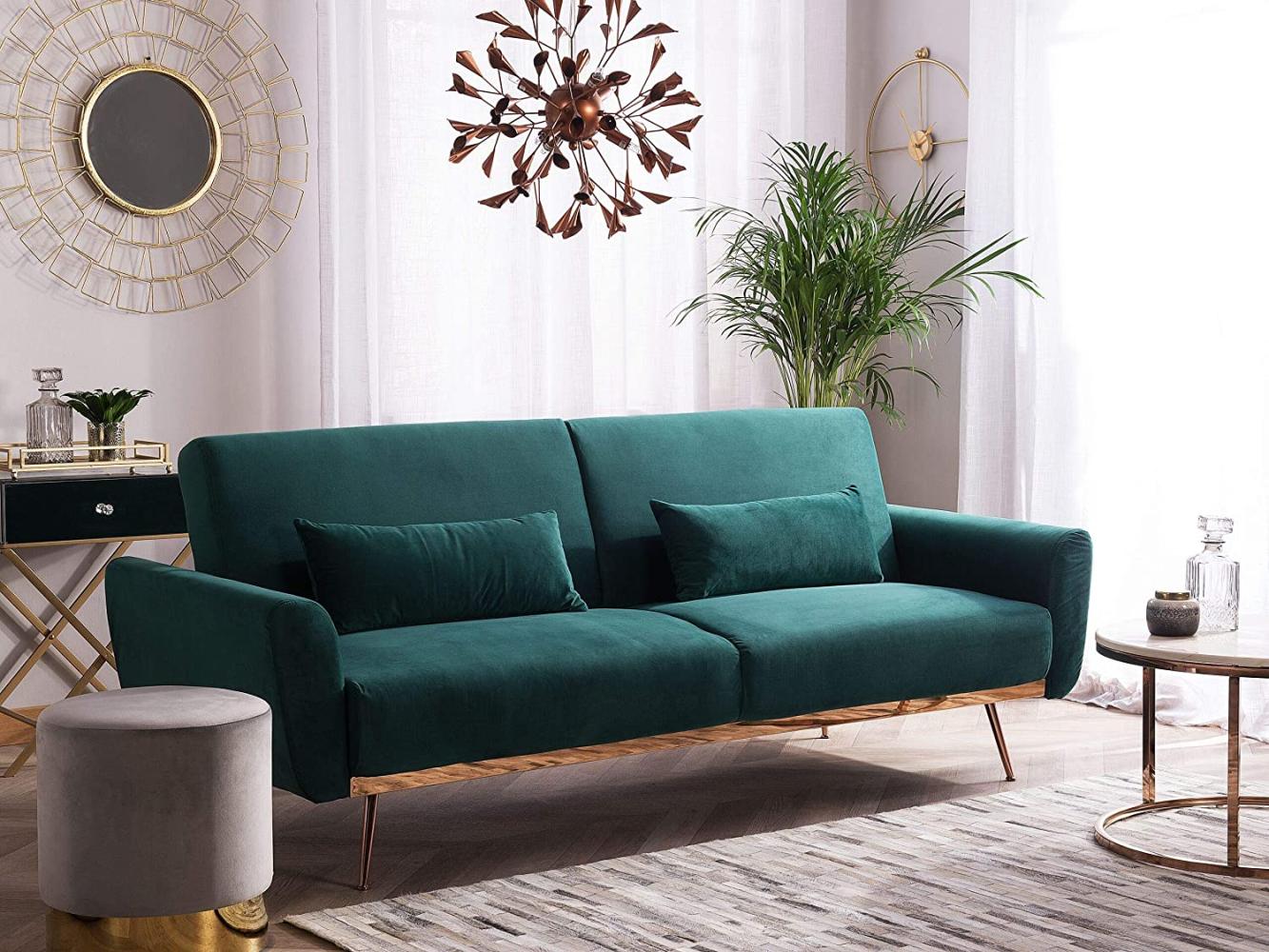 Beliani 'EINA' Schlafsofa, 3-Sitzer Sofa, Samtstoff, Smaragdgrün, 86 x 81 x 210 cm Bild 1
