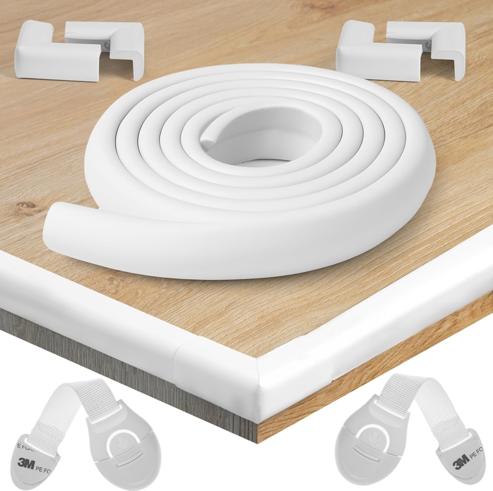 HAPPY CHLEA® Kantenschutz Baby und 4 Eckenschutz aus Schaumstoff. Tischkantenschutz und Eckenschützer: 2,4 M gesamt für Tisch und Möbel Ecken. 2 Schubladensicherung. Zertifikat (Weiß) Bild 1