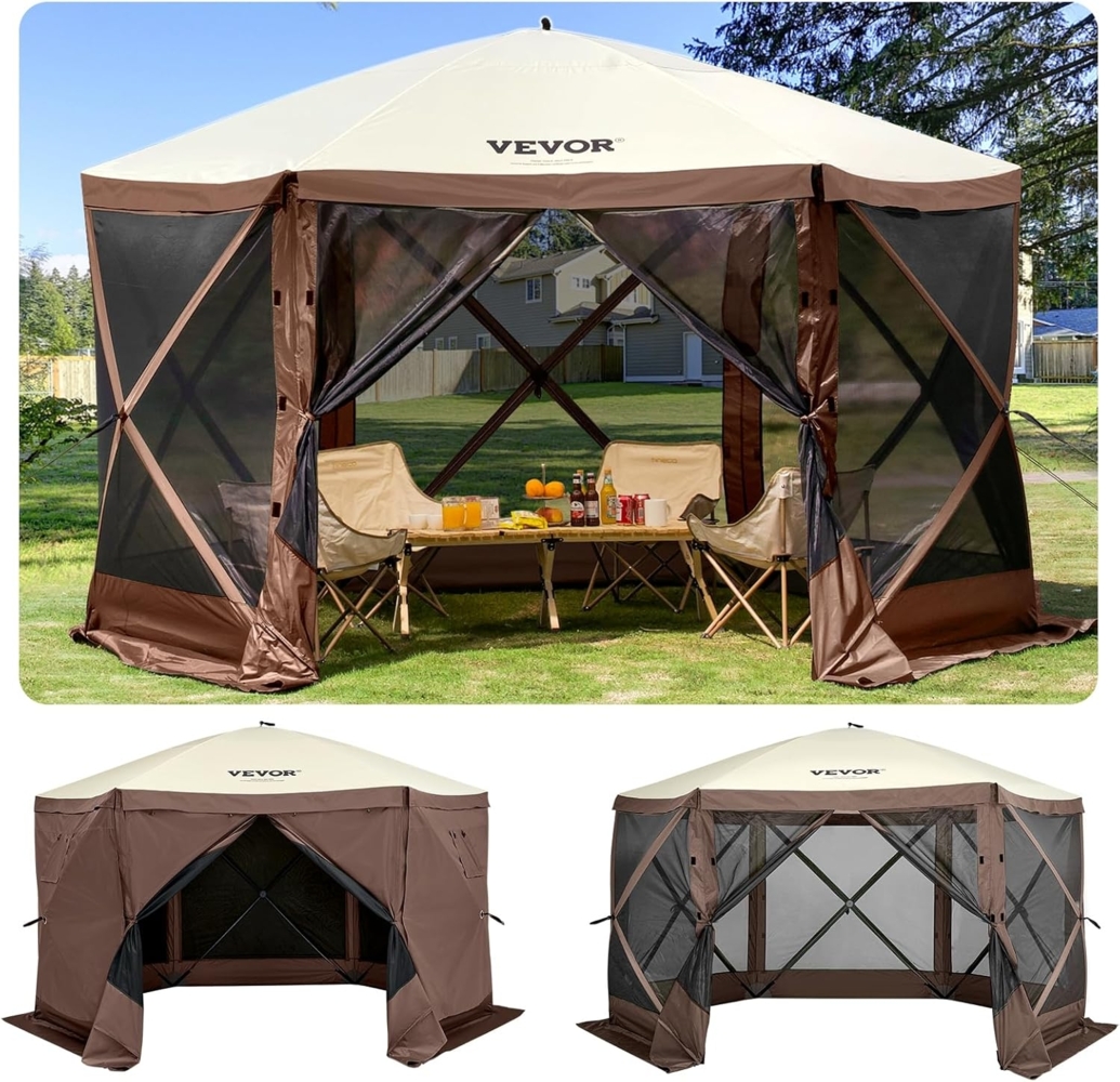 VEVOR Pop-Up-Pavillonzelt, Pop-Up-Zelt mit 6-seitigem Baldachin, Sonnenschutz mit 6 abnehmbaren Sichtschutz-Windtüchern und Netzfenstern, 3,5 x 3,5 m, Schnellaufbau-Zelt mit Moskitonetz, braun Bild 1