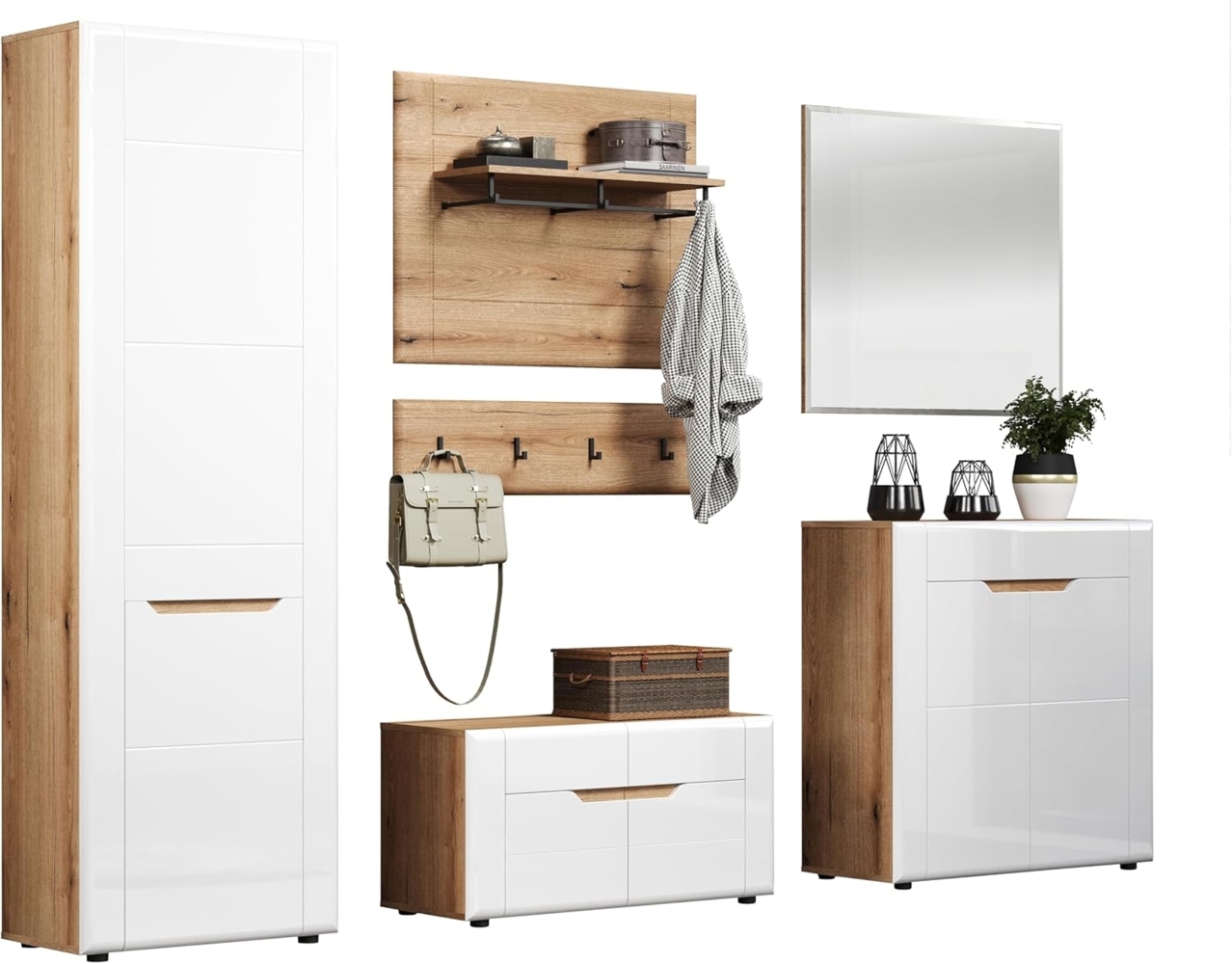 Garderobe Set 6-tlg. Marlon in weiß Hochglanz / Eiche 277 cm Bild 1