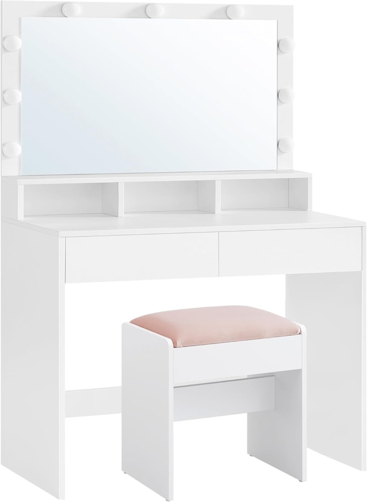 VASAGLE Schminktisch, mit LED-Beleuchtung, einstellbare Helligkeit, Frisiertisch mit Spiegel, Hocker, Kosmetiktisch mit 2 Schubladen und 3 offenen Fächern, modern, wolkenweiß und pastellrosa RDT720W01 Bild 1