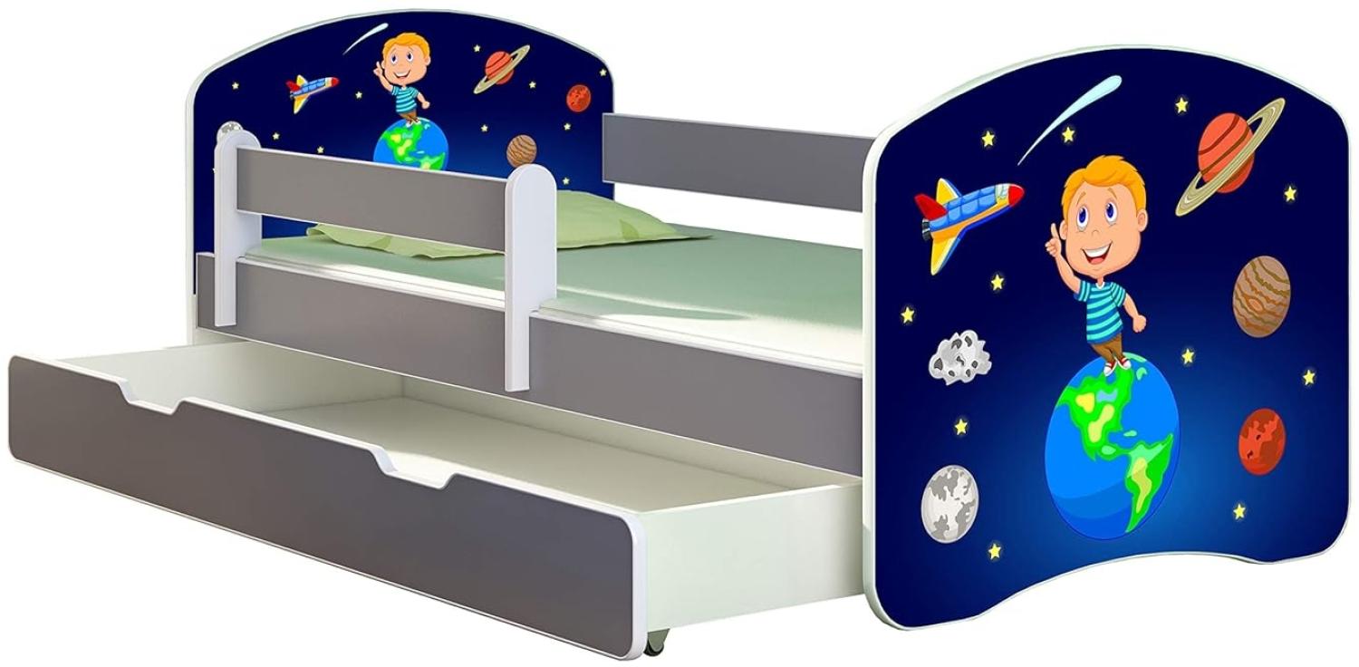 ACMA Kinderbett Jugendbett mit Einer Schublade und Matratze Grau mit Rausfallschutz Lattenrost II (22 Kosmos, 160x80 + Bettkasten) Bild 1