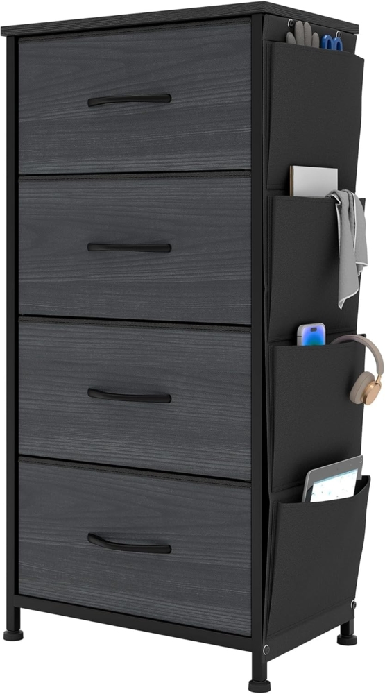 YITAHOME Kommode,Kommode mit 4 Schubladen,Kommodenschrank mit Haken und Seitentaschen,Stoffschubladen mit Griffen,Metallgestell,Dauerhaft,Schwarze Holzmaserung Bild 1