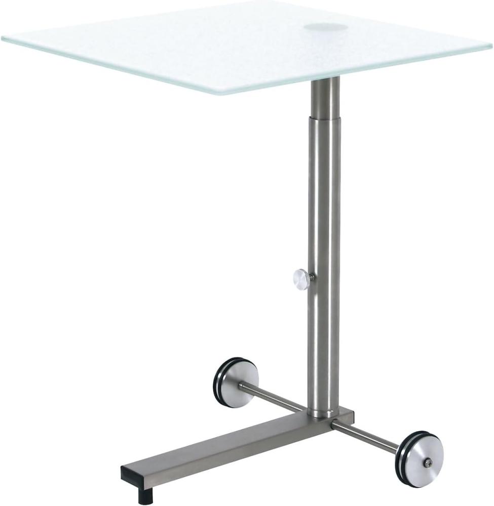 Ebinger Couch- und Beistelltisch in Edelstahl höhenverstellbar und fahrbar 450x450 mm Satinierter ESG-Sicherheitsglasplatte Tischhöhe max. 650 mm P739. 35. 6 Bild 1