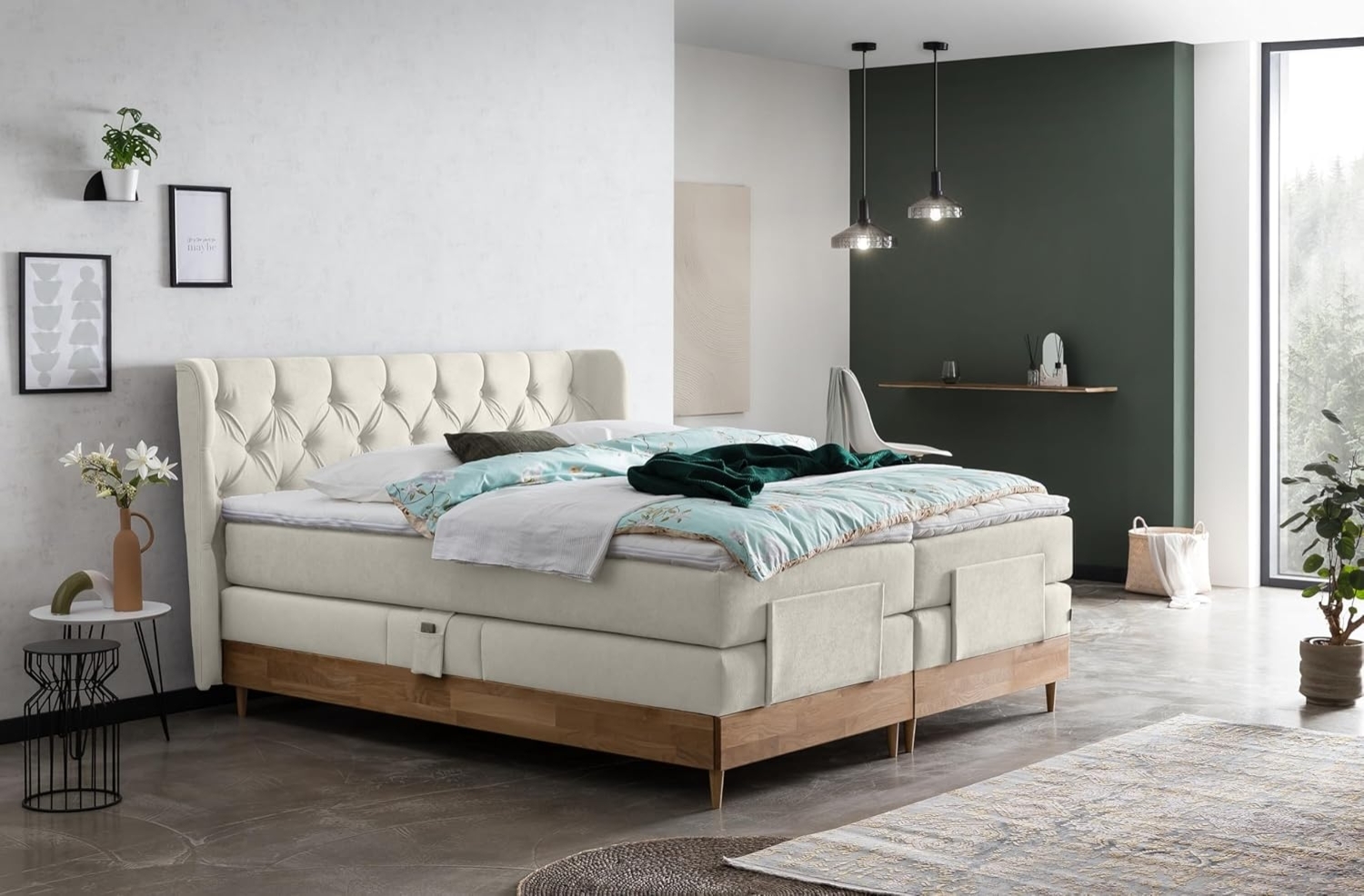 Belanoti Boxspringbett EON (Boxspringbett 180x200 elektrisch verstellbar Bett 180x200 mit Motor, 7-Zonen Taschenfederkern Matratze inklusive Visco Topper), in der Farbe Beige H2/H3 Polsterbett Motorbett mit Eiche Bild 1