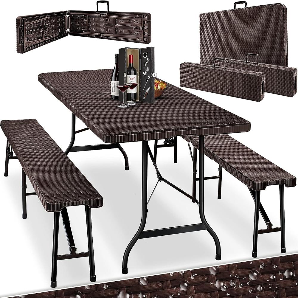 KESSER® Bierzeltgarnitur - 3-teilig Set, Tisch + 2 x Bank, für drinnen - draußen, klappbar, Tragegriffe, HxBxT: 73x180x75 cm , Kunststoff, Rattan-Look Gartengarnitur , Klapptisch , Gartentisch Braun, Rattan Bild 1