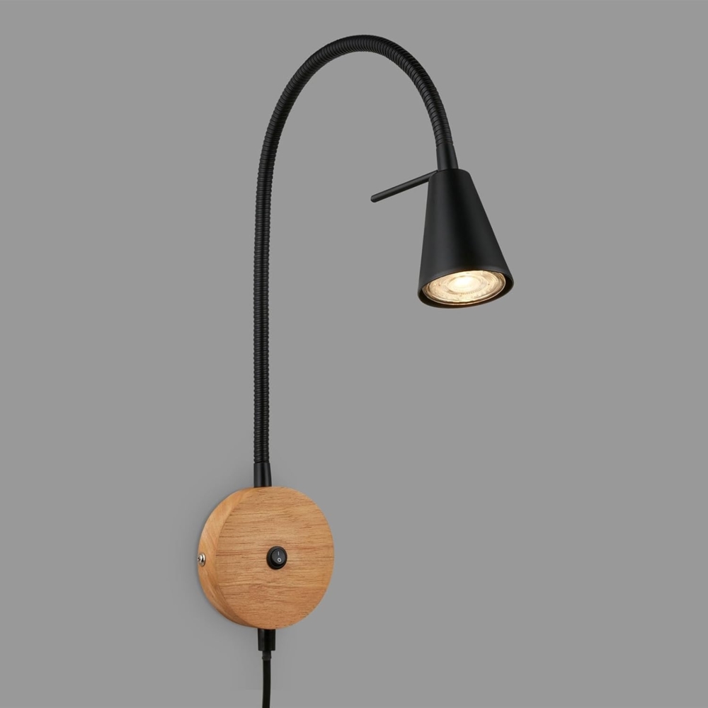 BRILONER – Leselampe, Wandleuchte Innen, LED Lampe, Wandlampe Innen, Schwenkbar, Schalter, Steckdosenlampe, Schwarz-Holz, FSC Bild 1