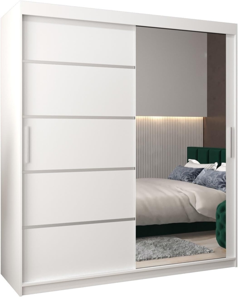 Kryspol Schwebetürenschrank Verona 2-180 cm mit Spiegel Kleiderschrank mit Kleiderstange und Einlegeboden Schlafzimmer- Wohnzimmerschrank Schiebetüren Modern Design (Weiß) Bild 1