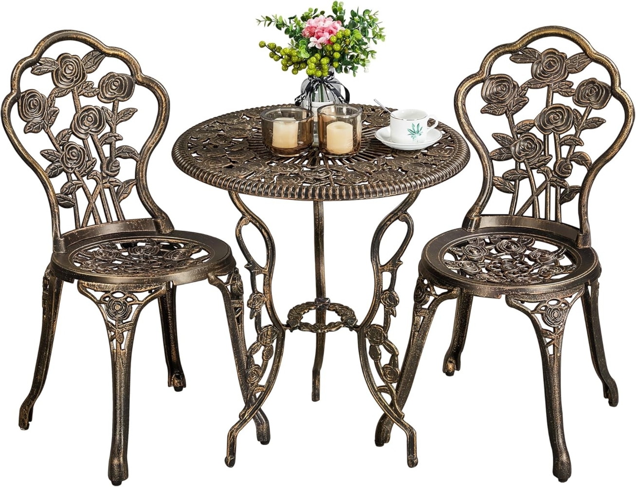 Yaheetech 3tlg. Bistro Set Balkonset Gartenset mit Stühlen, Zwei Sitzhocker Gartenmöbel im antiken Stil Aluguss Bronze Bild 1