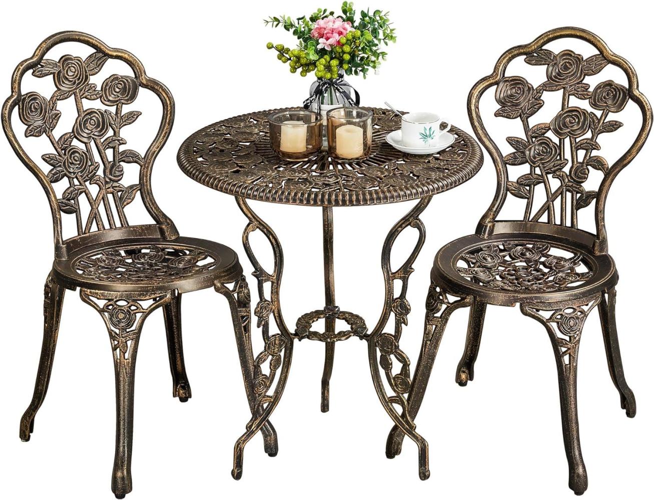 Yaheetech 3tlg. Bistro Set Balkonset Gartenset mit Stühlen, Zwei Sitzhocker Gartenmöbel im antiken Stil Aluguss Bronze Bild 1