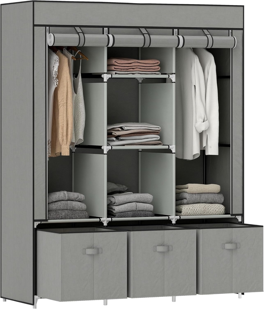 HOMCOM Stoffschrank mit Kleiderstangen, Schubladen, Reißverschluss (faltbarer Kleiderschrank, 1-St, Faltschrank) für Schlafzimmer, Hellgrau, 125 x 43 x 162,5 Bild 1