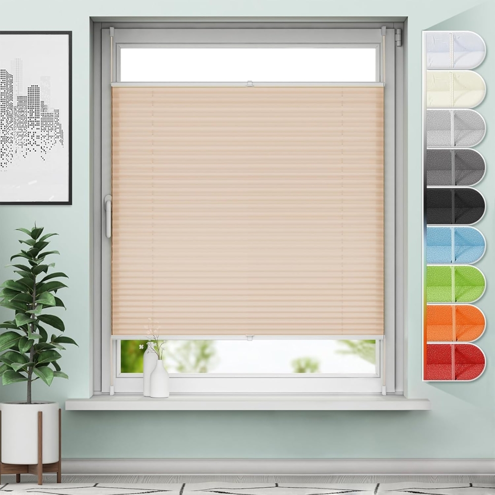 Sanfree Plissee Klemmfix Plisseerollo ohne Bohren Creme B40 x H130cm inkl. Klemmträger Blickdicht und lichtdurchlässig Jalousie Faltrollo Sichtschutz und Sonnenschutz Rollo für Fenster & Tür Bild 1