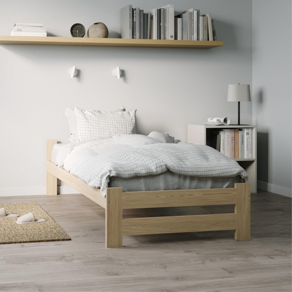 Home Collective Holzbett mit Lattenrost Modern Bett Kiefer Bettgestell Massivholzbett Klassisch (90x200, 120x200, 140x200, 160x200 cm), Einzelbett, Skandi Boho Landhaus Kopfteil flach 100x200 cm natur Bild 1