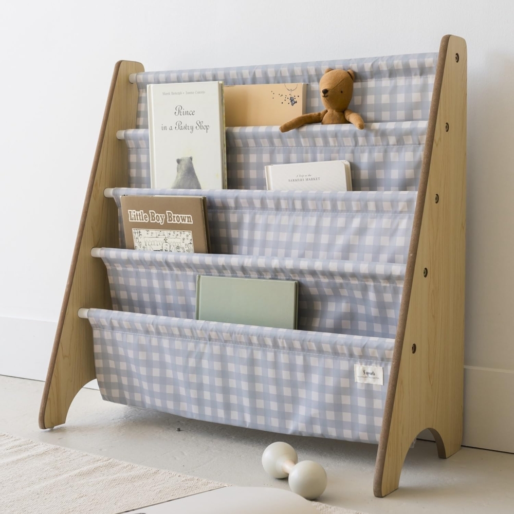 3 Sprouts Kinder Bücherregal aus Holz – Montessori Regal für Kinderzimmer - Gingham Blau Bild 1