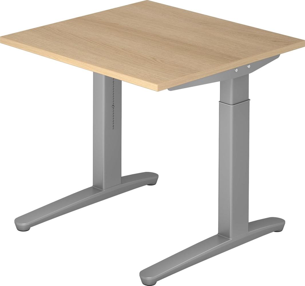 bümö® Design Schreibtisch XB-Serie höhenverstellbar, Tischplatte 80 x 80 cm in Eiche, Gestell in silber Bild 1