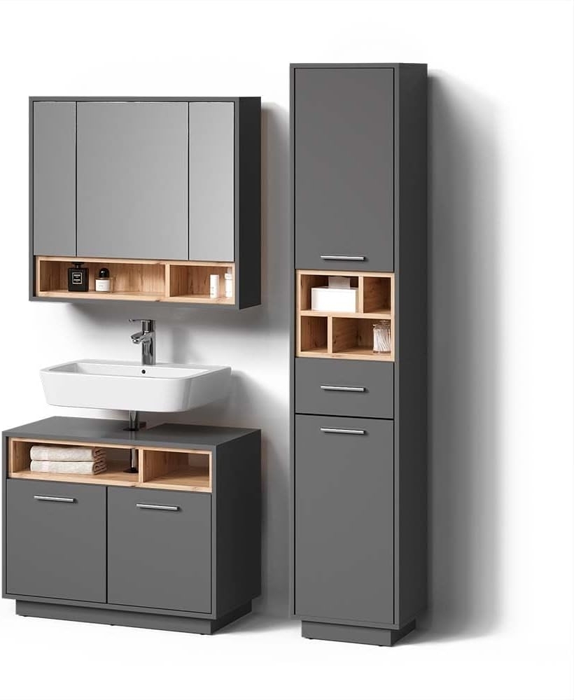 Livinity® Badmöbel-Set Temo, Anthrazit/Sonoma, 3 Teile, mit Hochschrank Bild 1