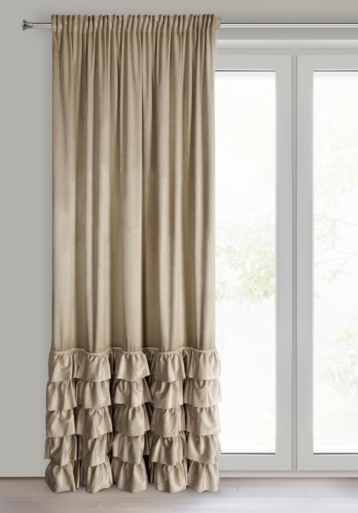 Vorhang CARLI mit Rüsche Velours Samtvorhänge dunkelbeige 140x250 cm Kräuselband Bild 1